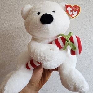 Ty Pluffies Bear 8in White Christmas Candy Cane Polar bear 2005